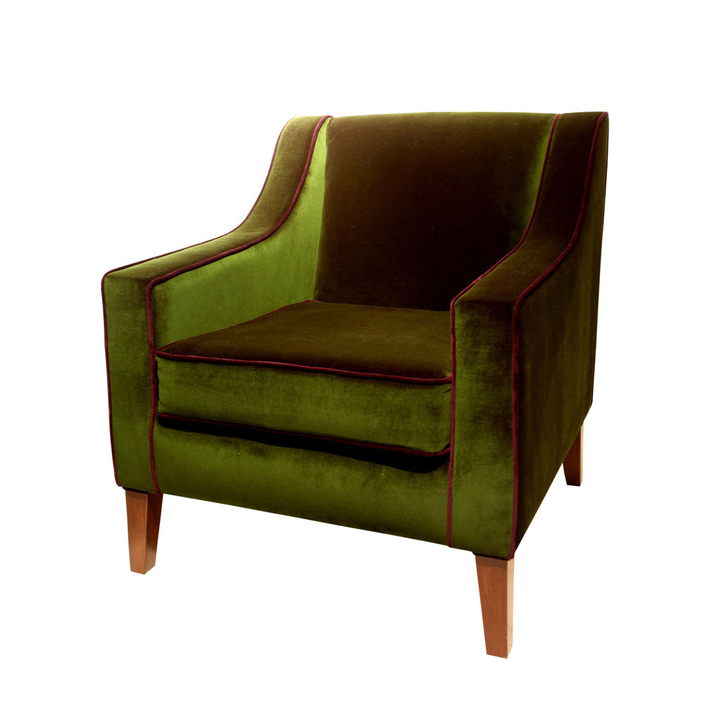 Mor fitilli yesil kadife minderli kubik koltuk_Green velvet cubic armchair with cushion and purple piping