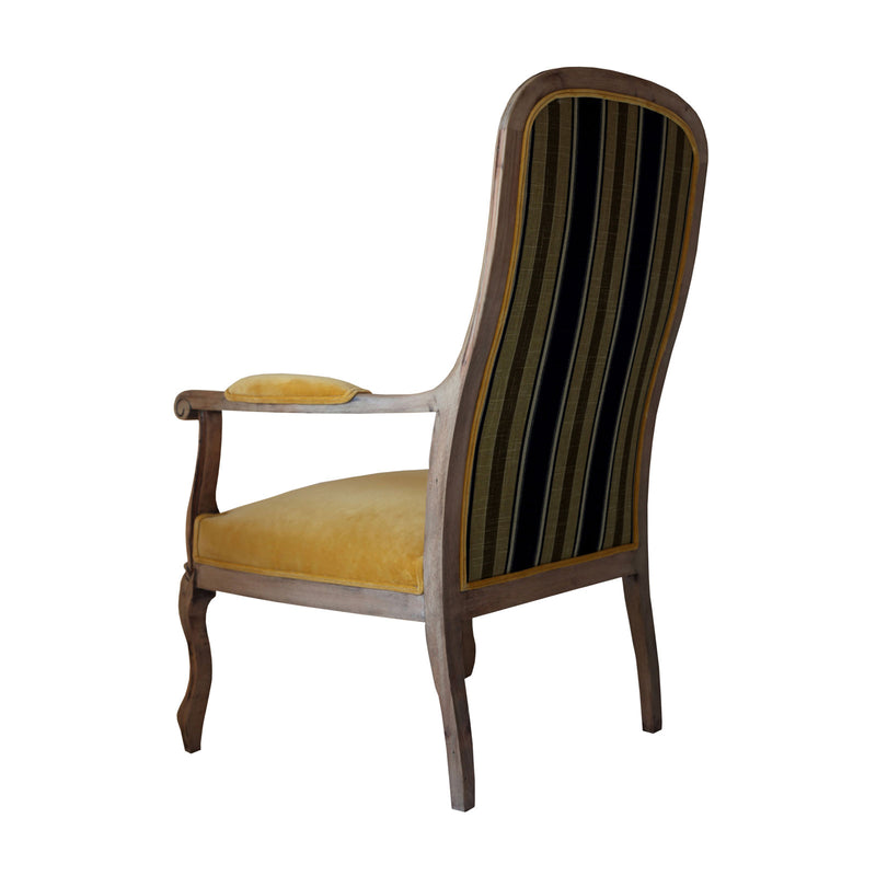 Ahsap iskeletli arkasi donuk hardal sarisi kadife sirti cizgili kanvas  koltuk_Wooden framed armchair with mustard yellow velvet and striped canvas upholstery