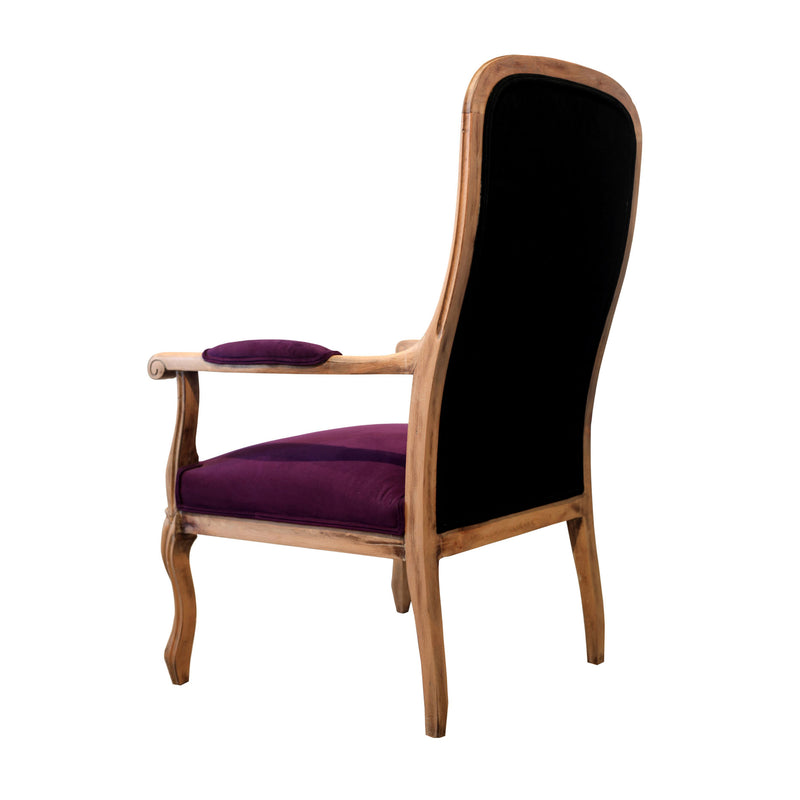 Ahsap iskeletli arkasi donuk koyu mor sirti siyah kadife koltuk_Wooden framed armchair with dark purple and black velvet upholstery