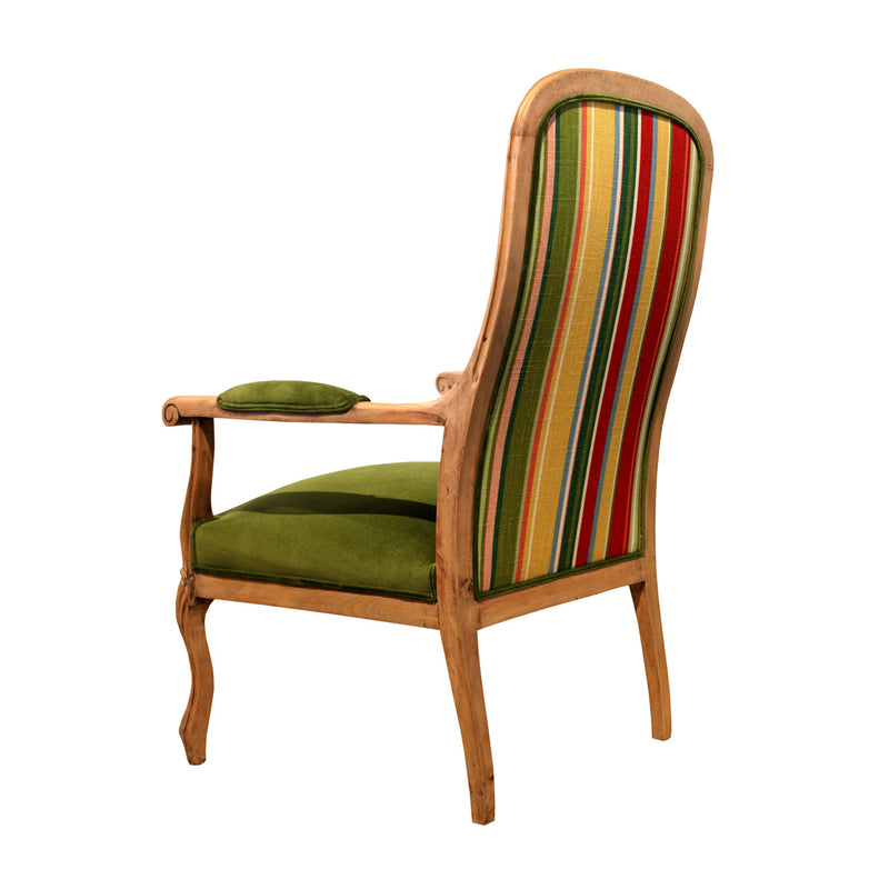 Ahsap iskeletli arkasi donuk koyu yesil kadife sirti cizgili kanvas  koltuk_Wooden framed armchair with dark green velvet and striped canvas upholstery