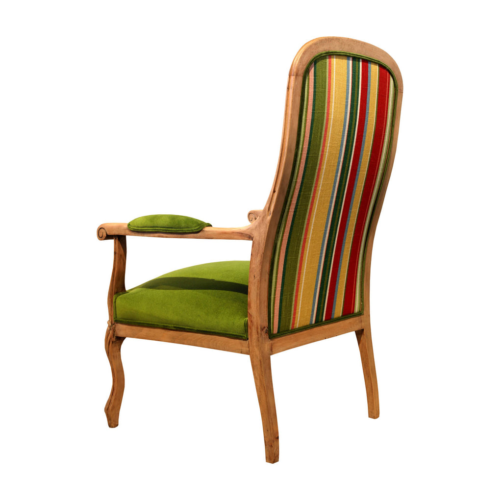 Ahsap iskeletli arkasi donuk yesil kadife sirti cizgili kanvas  koltuk_Wooden framed armchair with green velvet and striped canvas upholstery
