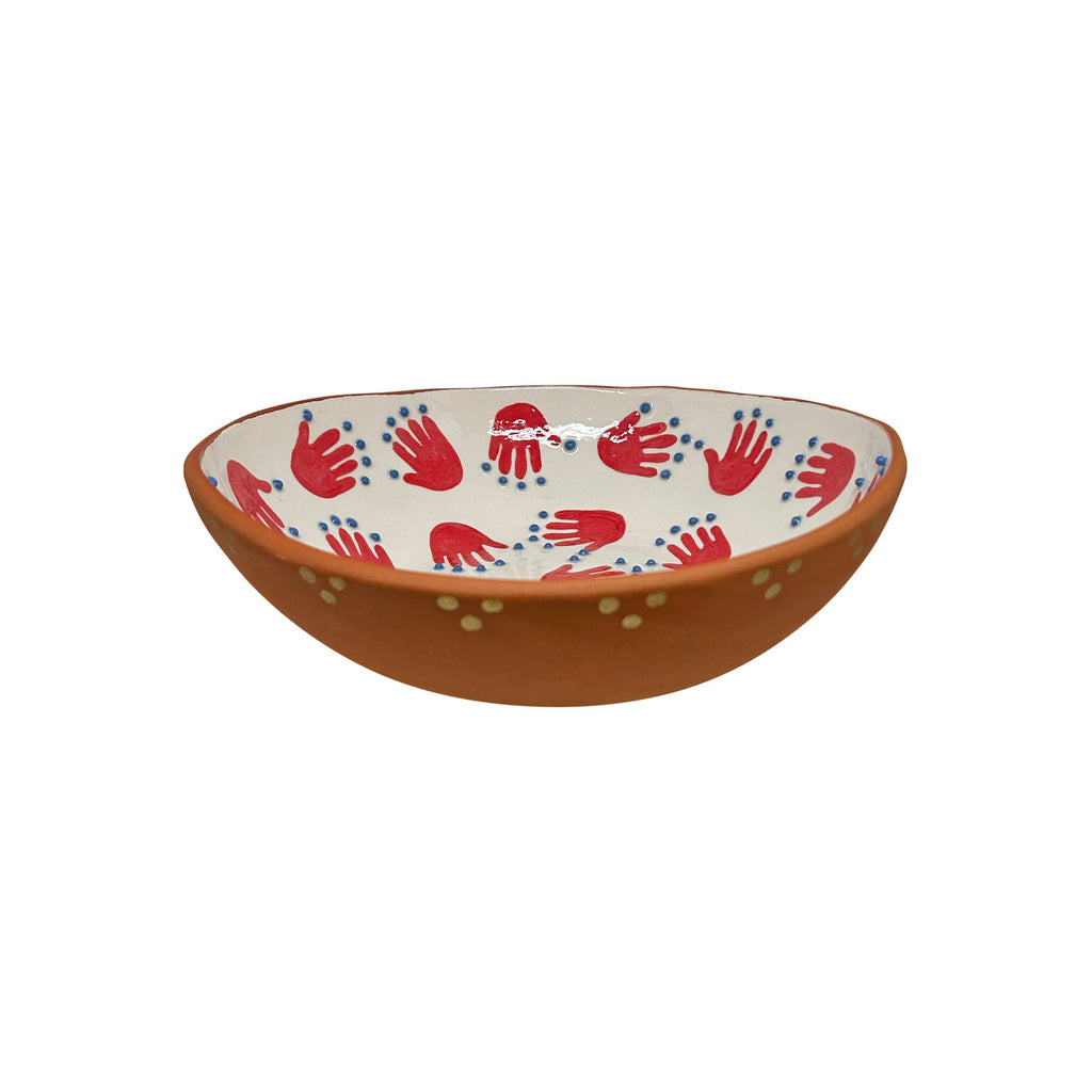 Altin benekli ve kirmizi el desenli seramik kase_Ceramic bowl with red hand motifs and golden dots