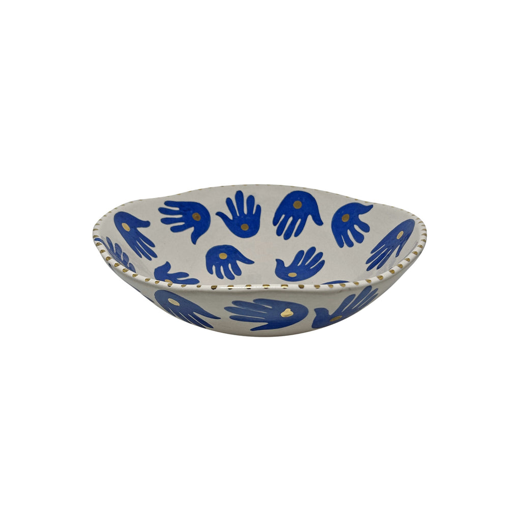 Altin benekli ve mavi el desenli seramik kase_Ceramic bowl with blue hand motifs and golden dots