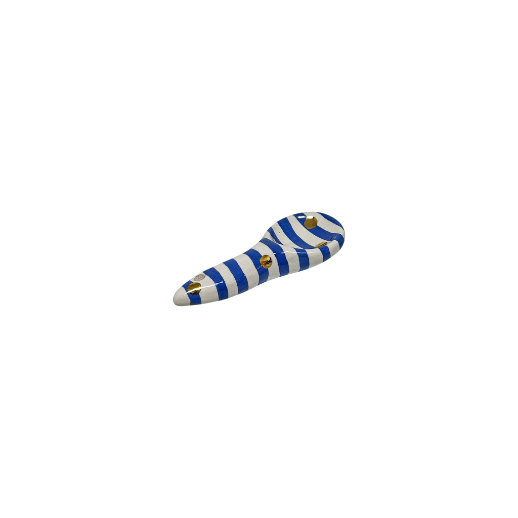 Altin rengi benekleri olan mavi beyaz cizgili kasik_Blue and white striped ceramic small spoon