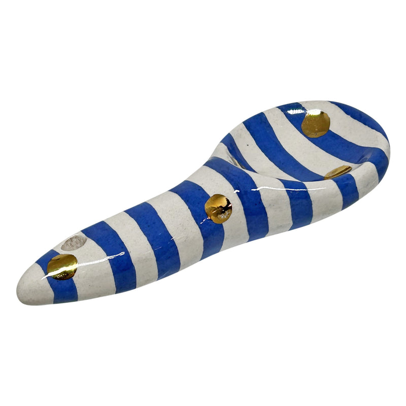 Altin rengi benekleri olan mavi beyaz cizgili kasik_Blue and white striped ceramic small spoon