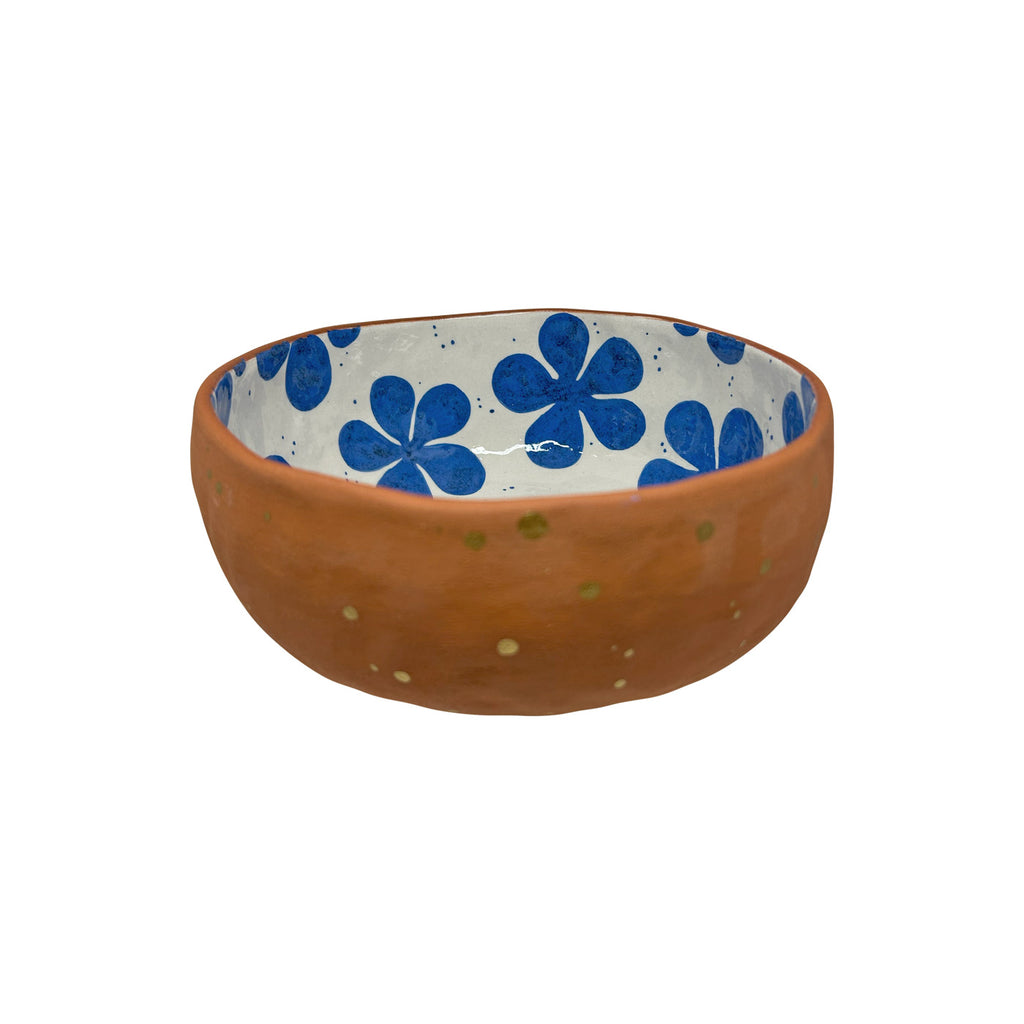 Altin rengi benekli ve mavi cicekli seramik salata kasesi_Ceramic salad bowl with blue flowers and gold color spots