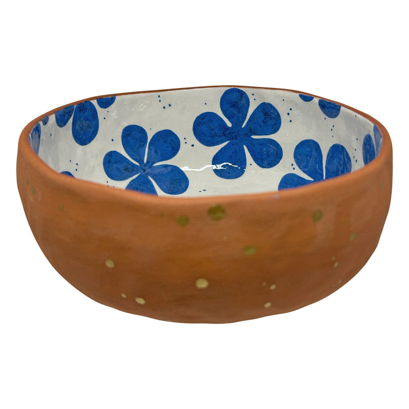 Altin rengi benekli ve mavi cicekli seramik salata kasesi_Ceramic salad bowl with blue flowers and gold color spots