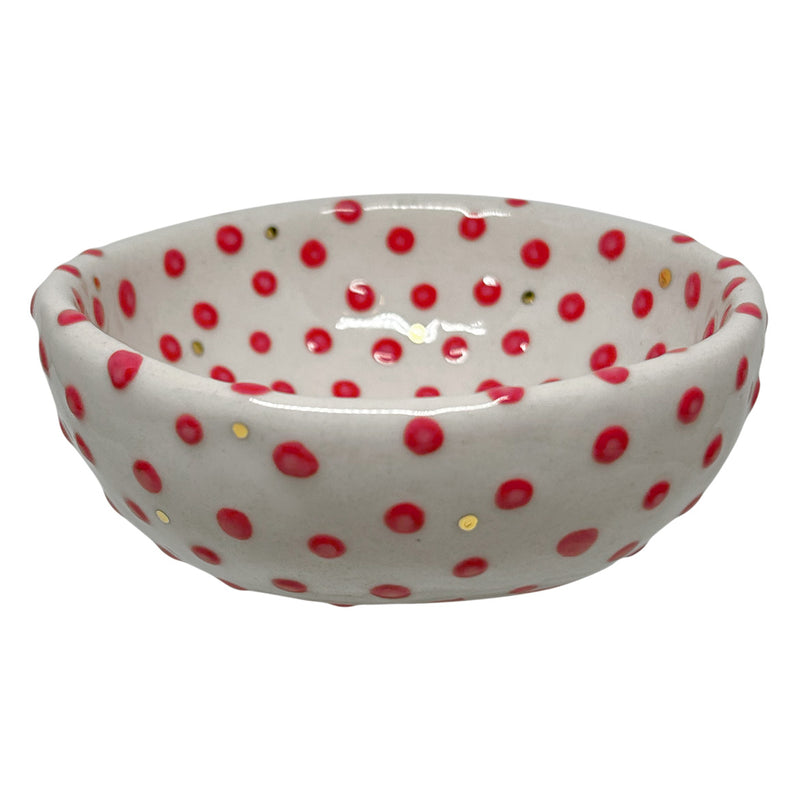 Altin rengi ve kirmizi noktali seramik kuruyemis kasesi_Ceramic fancy small bowl with red and golden color dots