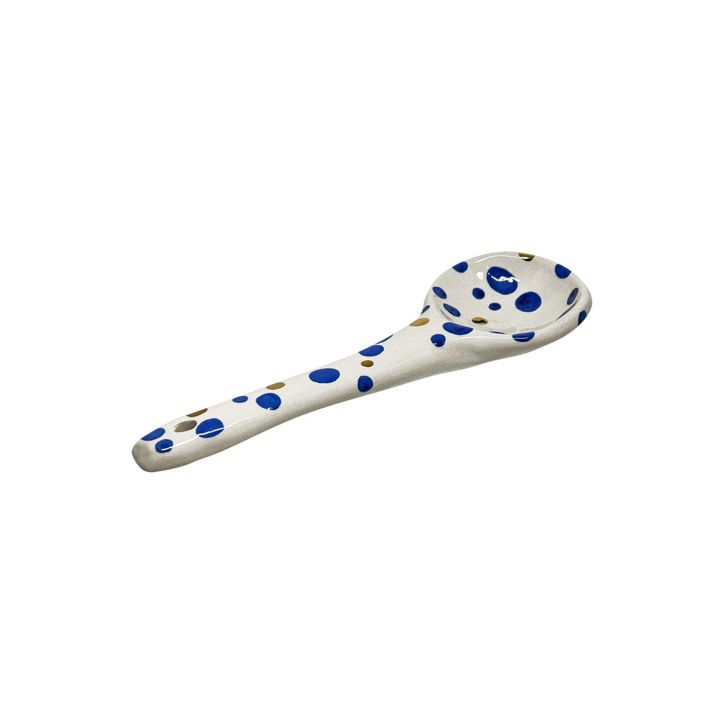 Altin rengi ve mavi benekleri olan sapi delikli seramik kasik_Ceramic spoon with blue and gold dots