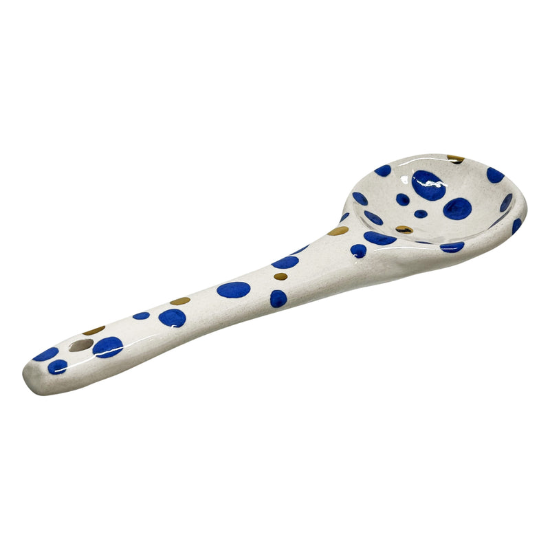 Altin rengi ve mavi benekleri olan sapi delikli seramik kasik_Ceramic spoon with blue and gold dots