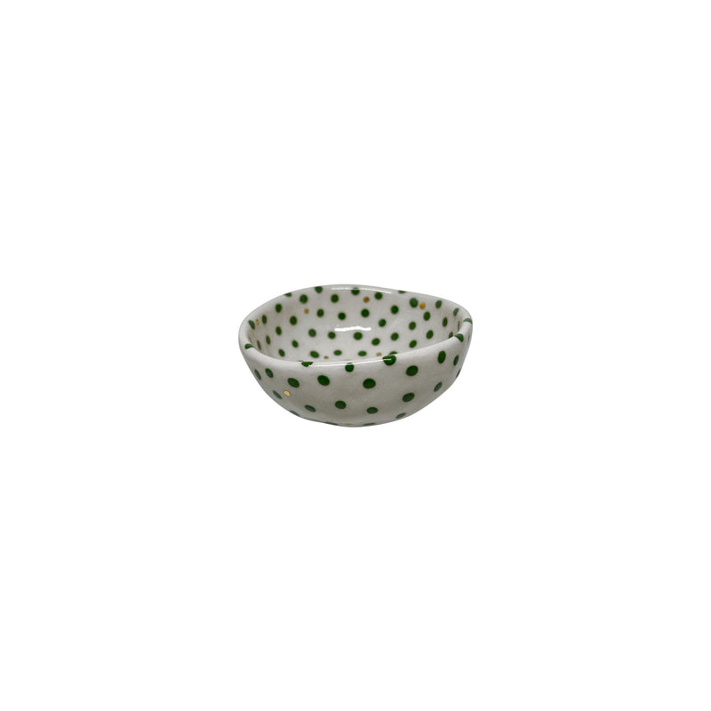 Altin rengi ve yesil noktali seramik kuruyemis kasesi_Ceramic fancy small bowl with green and golden color dots