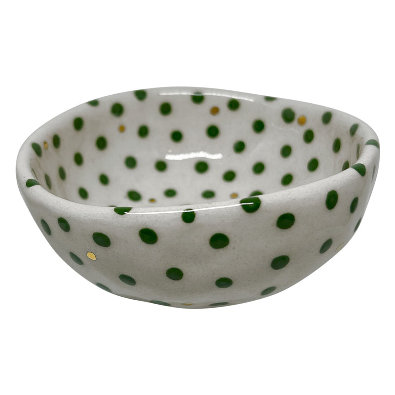 Altin rengi ve yesil noktali seramik kuruyemis kasesi_Ceramic fancy small bowl with green and golden color dots