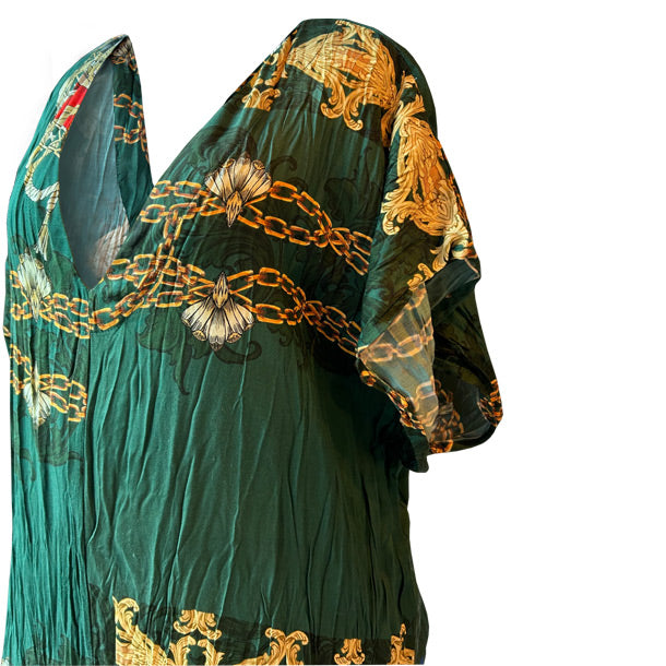 Altin zincir desenli V yakali yesil elbise_Green V neck dress with golden chain and royal patterns