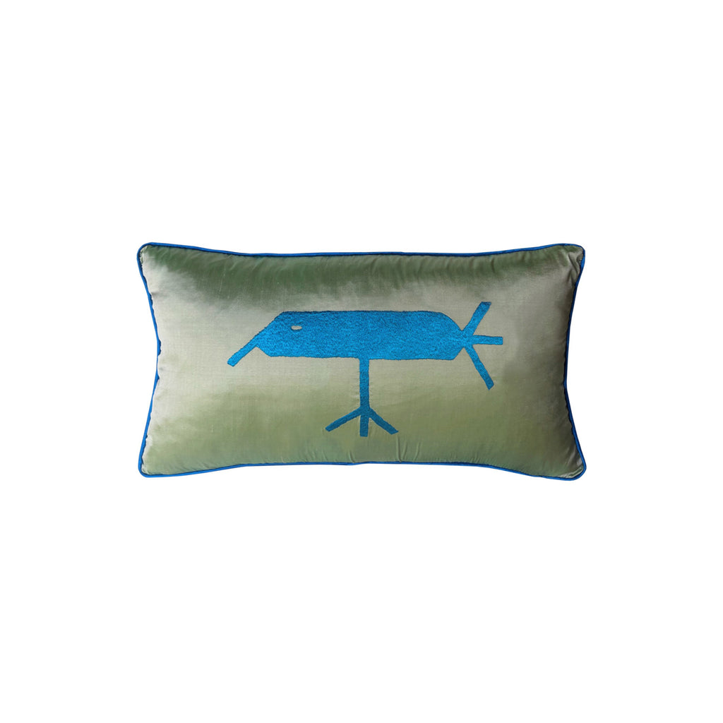 Anadolu Motifleri icinden kus motifli su yesili ve mavi ipek kirlent_Light green and blue silk cushion with bird motif