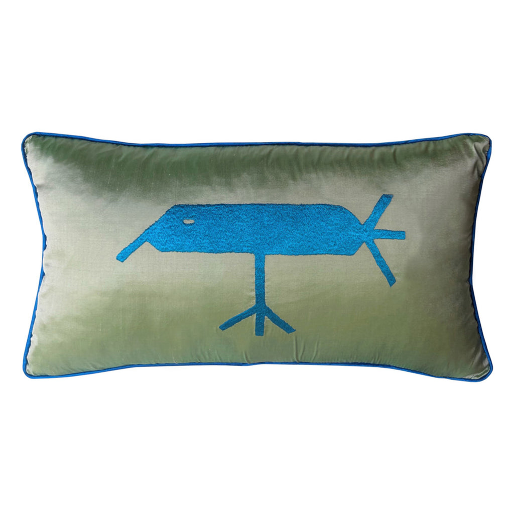 Anadolu Motifleri icinden kus motifli su yesili ve mavi ipek kirlent_Light green and blue silk cushion with bird motif