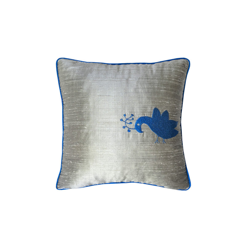 Atolye 11 mavi kus motifli gri ipek kirlent_Grey silk cushion with blue bird motif_kissen_coussin