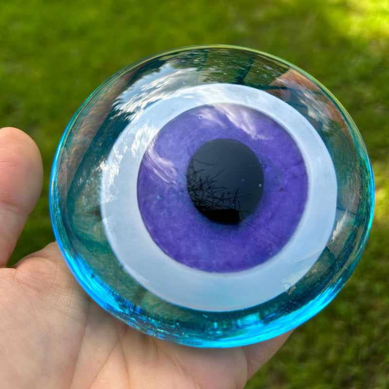 Avucta turkuaz mor seffaf cam nazarlik_Turquoise purple transparent glass big evil eye bead