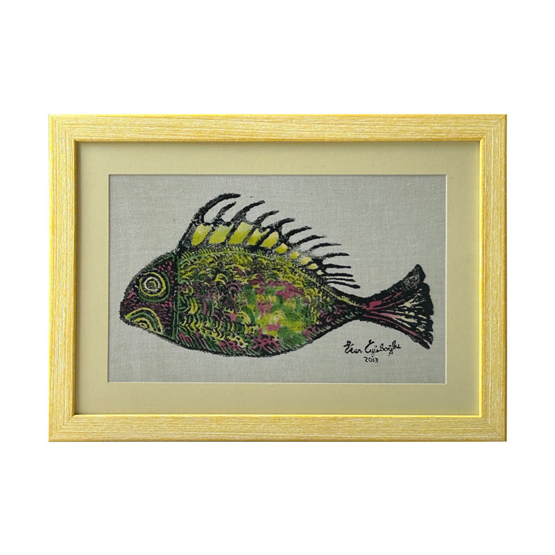 Bedri Rahminin esi Eren Eyubogluna ait Levrek balik resmi yazmasi_Fabric printed fish picture by Turkish painter