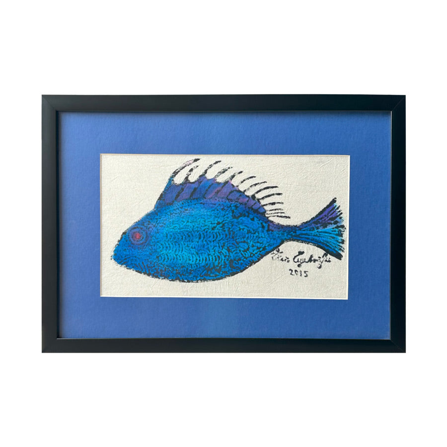 Bedri Rahminin esi Eren Eyuboglunun eseri Levrek balik resmi yazmasi_Fabric printed blue fish picture by Turkish painter