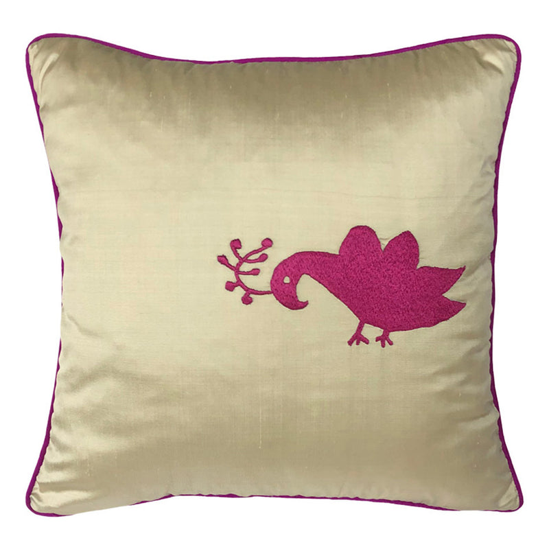 Bej ustune bordo kus motifli tasarim odullu kirlent_Design awarded silk cushion with burgundy color bird motif