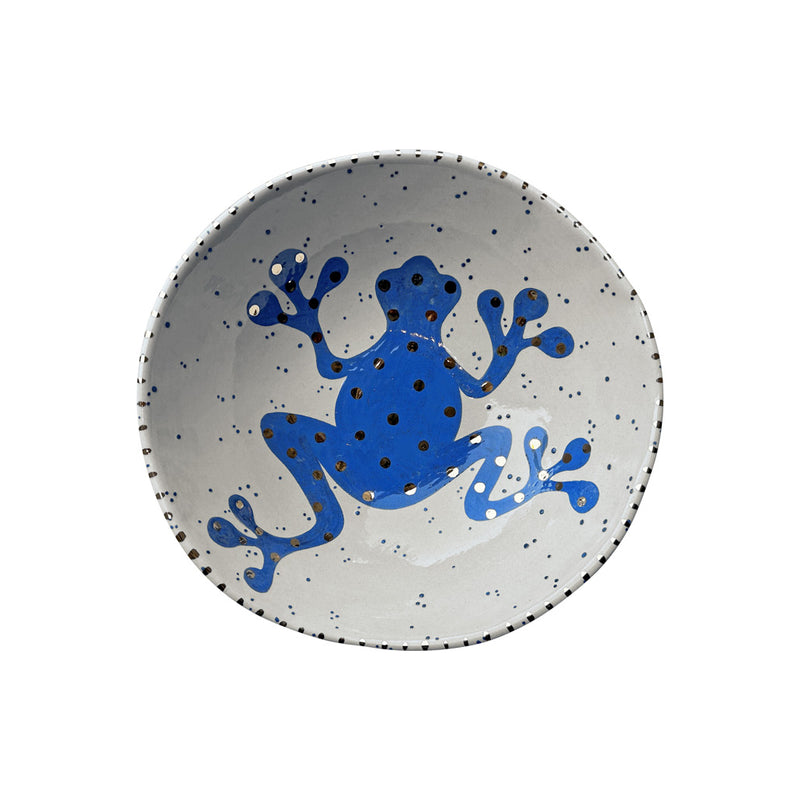 Benekli mavi ve altin rengi kurbaga desenli beyaz kase_White bowl with blue and golden dotted frog pattern inside