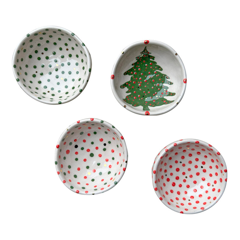Benekli ve cam agaci desenli rengarenk seramik kaseler_Colorful ceramic small bowls with pine tree motif and speckles