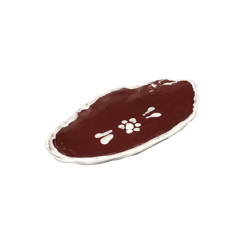 Beyaz desenli ve kenarli kahverengi oval meze tabagi_Brown oval appetizer plate with white rim and floral pattern