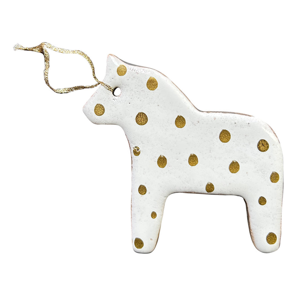 Beyaz ustune altin rengi benekli seramik at yilbasi susu_White ceramic christmas horse ornament with golden colored dots