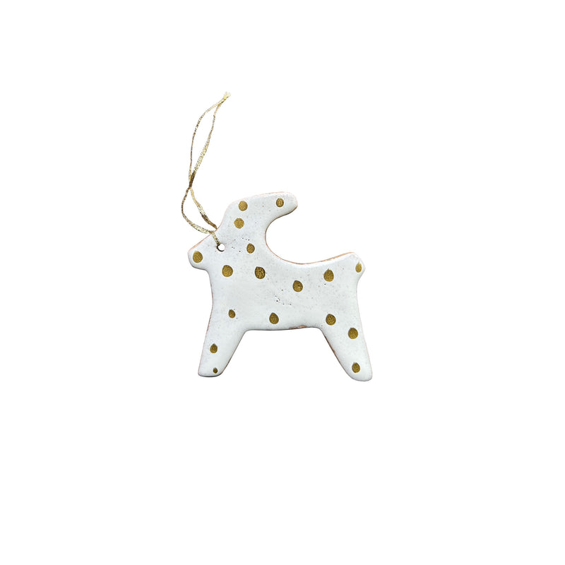 Beyaz ustune altin rengi benekli seramik geyik yilbasi susu_White ceramic christmas deer ornament with golden colored dots