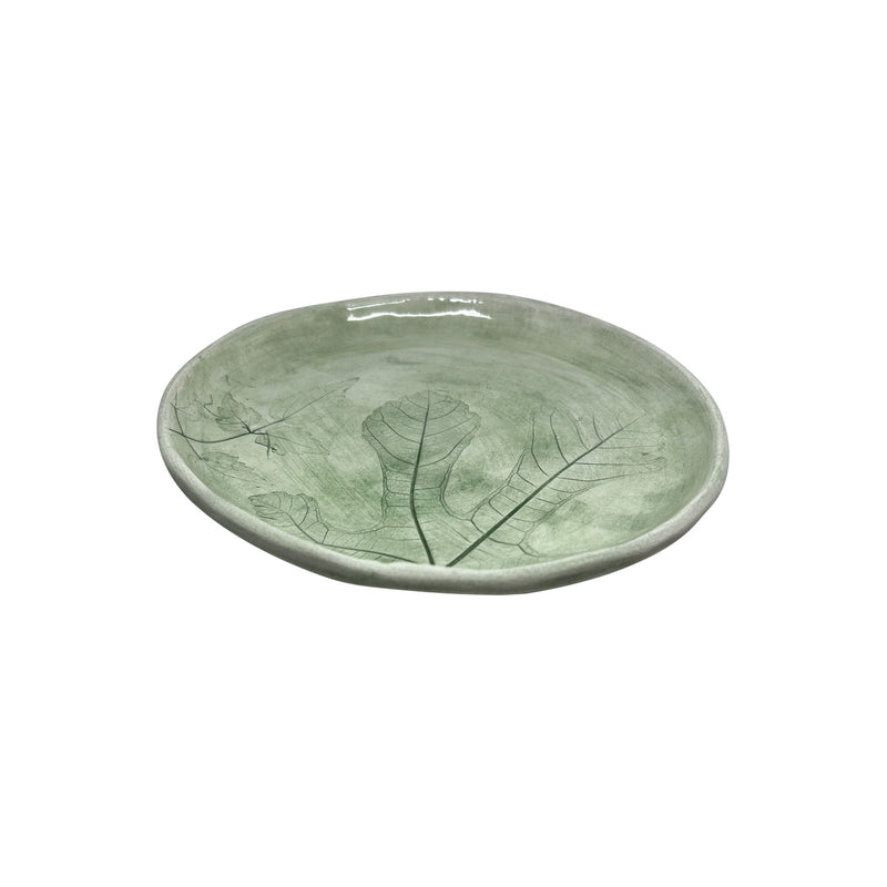 Biri buyuk biri kucuk iki yaprak baskili yesil seramik tabak_Green ceramic plate with two leaves pressed