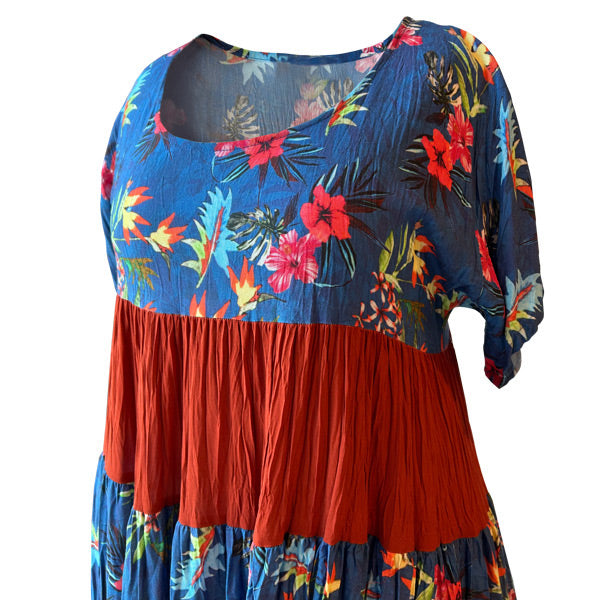 Bisiklet yakali cicekli kisa kollu mavi ve kizil elbise_Round necked short sleeved rusty red and blue dress