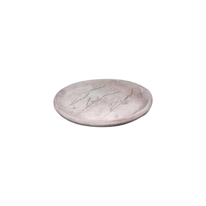 Bitki baskili ve alacali soluk pembe ufak tabak_Small mottled pink plate with plant pattern