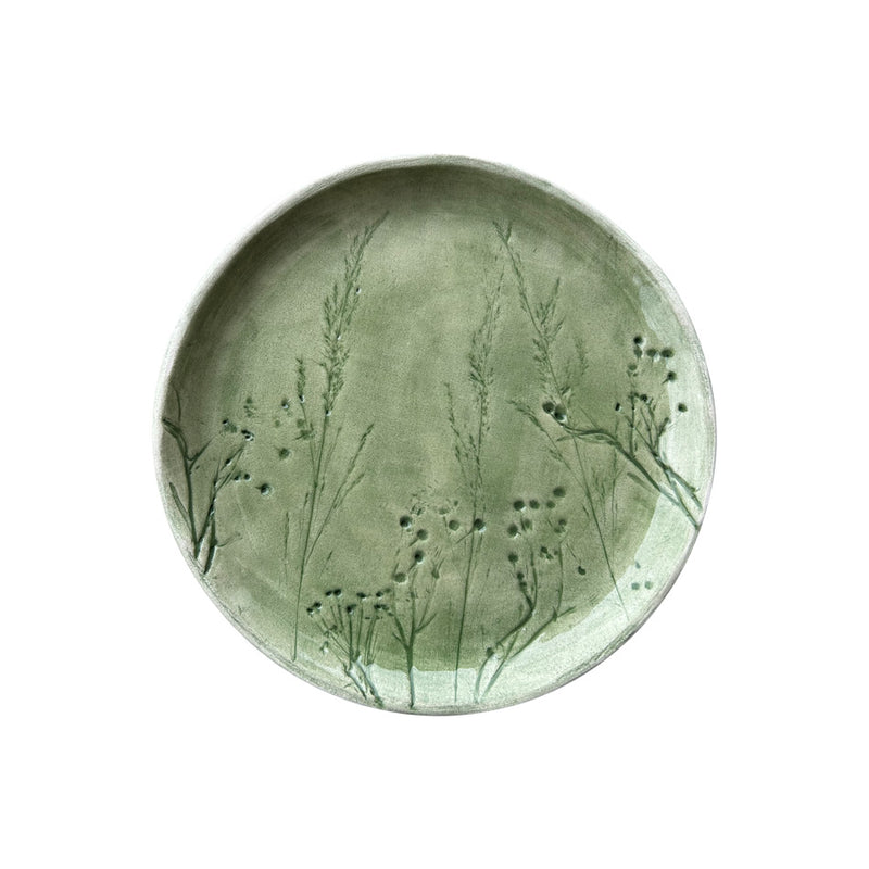 Bitki desenli el yapimi cagla yesili seramik tabak_Sage green ceramic plate with plant pattern