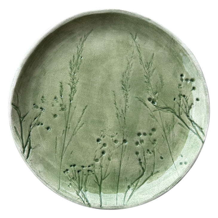 Bitki desenli el yapimi cagla yesili seramik tabak_Sage green ceramic plate with plant pattern