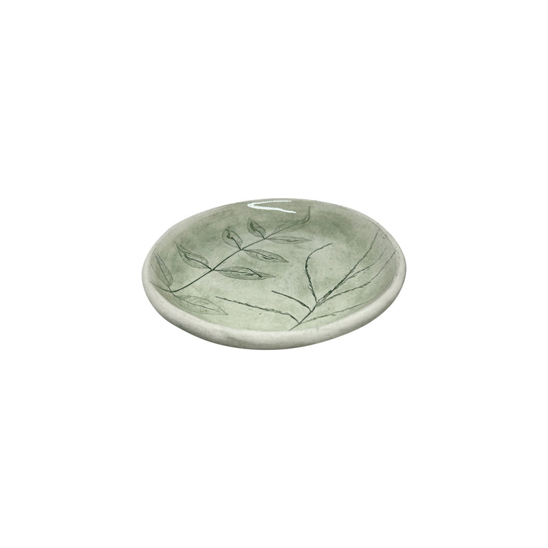 Bitki desenli yesil kalin ufak seramik tabak_Small thick ceramic plate with plant textures