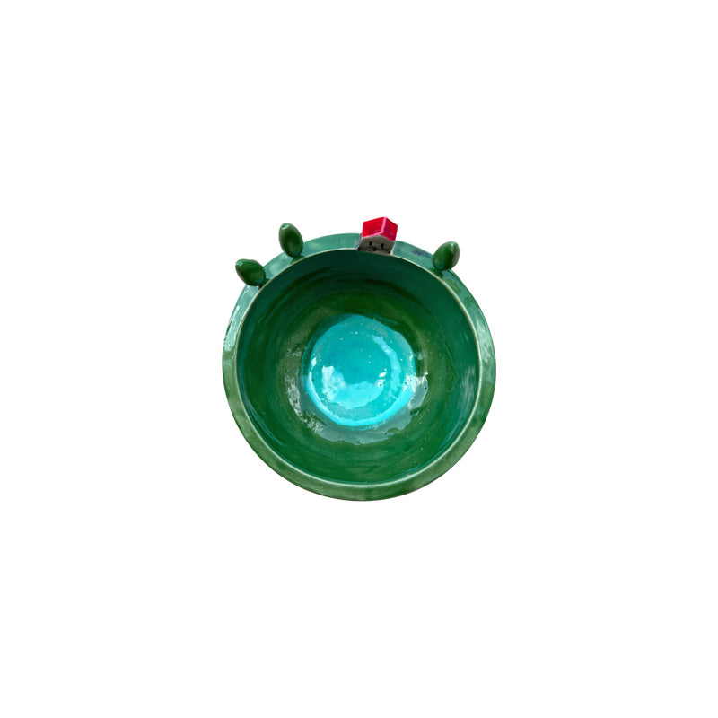Catisi kirmizi bir ev ve uc agac ile suslenmis yesil turkuaz hediyelik kase_Green turquoise giftware small bowl with house and trees