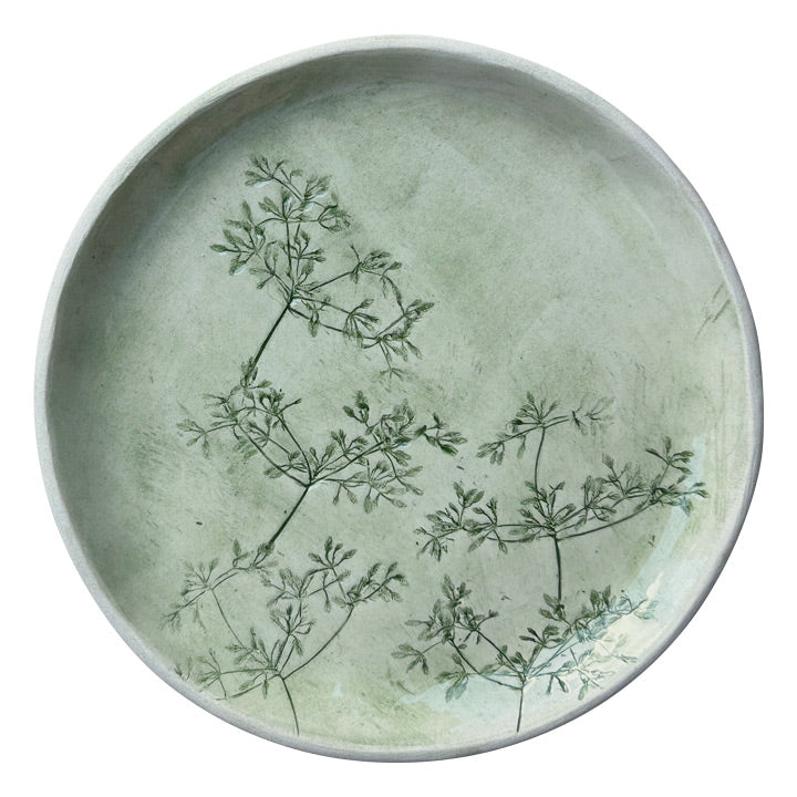 Cicek baskili hediyelik soluk yesil pasta tabagi_Pale green pressed floral bread and butter plate