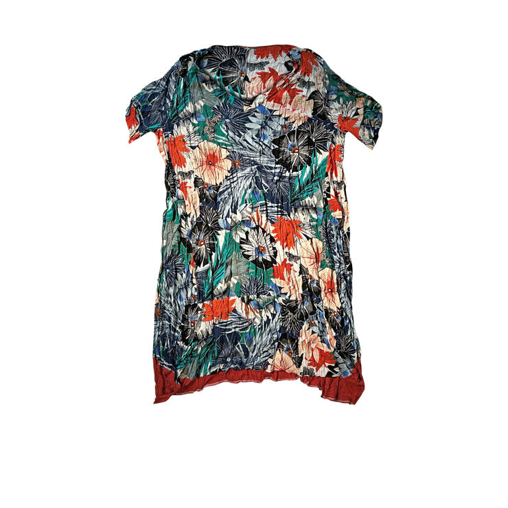 Cicek desenli karisik renkli pamuklu bol elbise_Flower patterned mixed color cotton loose dress