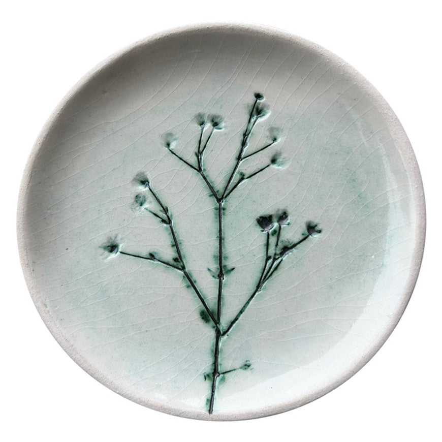 Cicek desenli yesil ve bej seramik tabak_Flower patterned green and beige ceramic plate