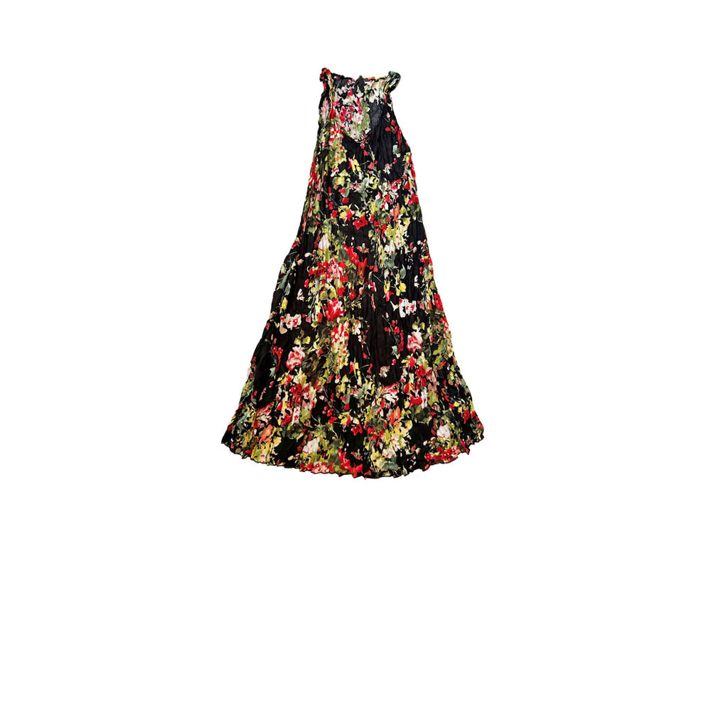 Cicek ve yaprak desenli siyah askili elbise_Black strap dress with flower and leaf patterns