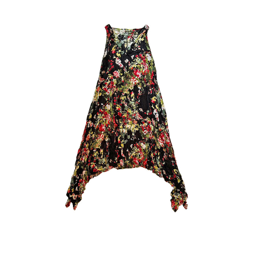 Cicek ve yaprak desenli siyah yanlari uzun askili tunik_Black long side strap tunic with flower and leaf patterns