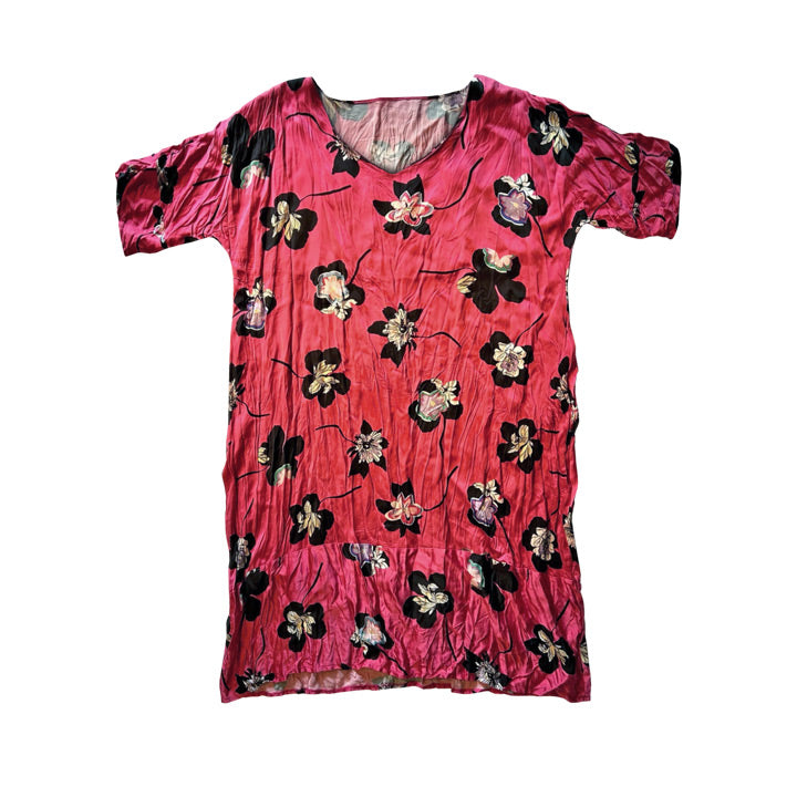 Cicekli kisa kollu pembe bol elbise_Short sleeve pink loose dress with flower pattern