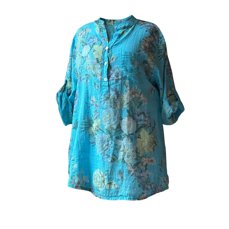 Cicekli mavi kadin gomlegi_Blue floral womens shirt