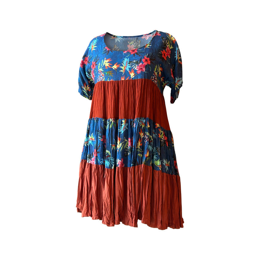 Cicekli mavi ve kizil kisa elbise_Peacock blue and rusty red floral patterned mini dress
