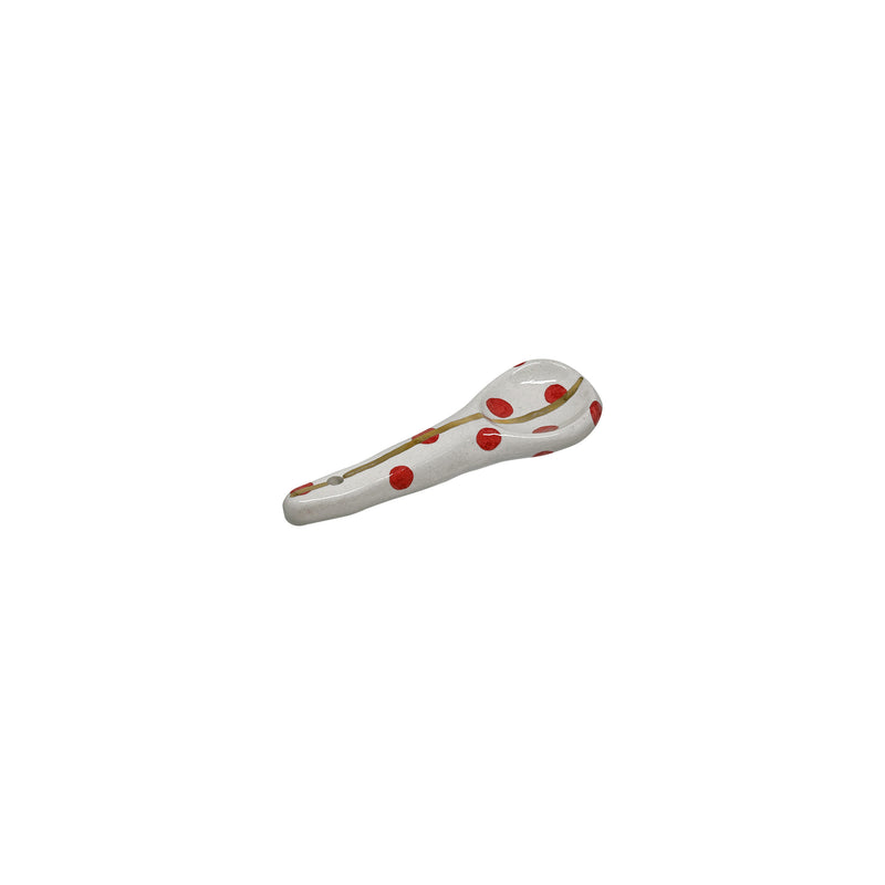 Cizgili ve benekli kirmizi beyaz ve altin rengi seramik kasik_Red white and gold colored ceramic spoon with spots and line