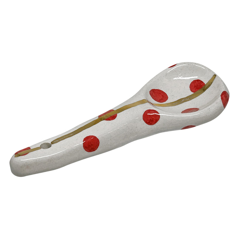 Cizgili ve benekli kirmizi beyaz ve altin rengi seramik kasik_Red white and gold colored ceramic spoon with spots and line