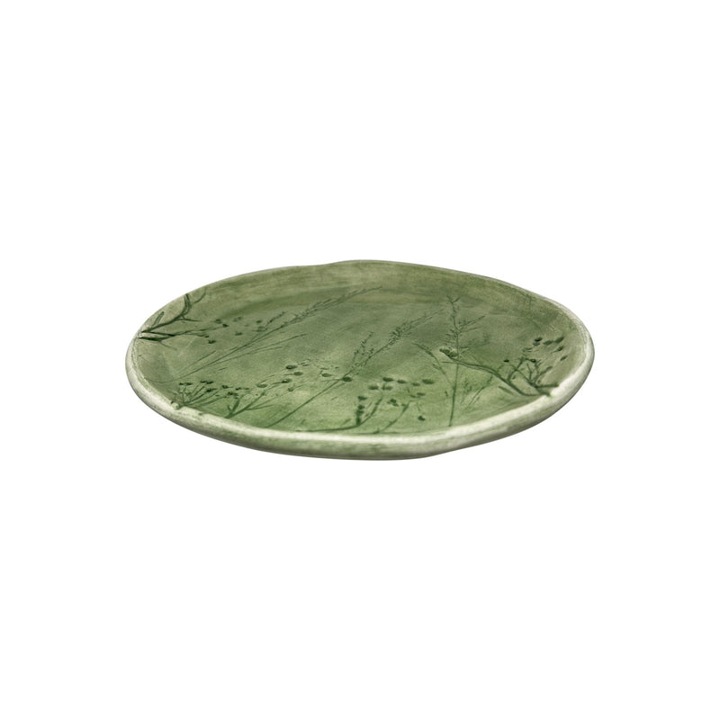 Desenli seramik soluk yesil tabak_Pale green ceramic plate with plant texture