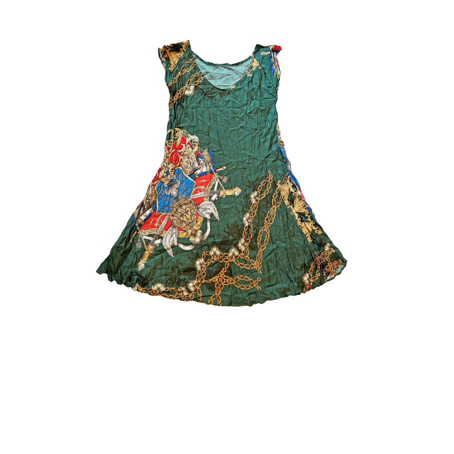 Desenli yesil kalin askili klos kisa elbise_Patterned green thick strappy flare short dress