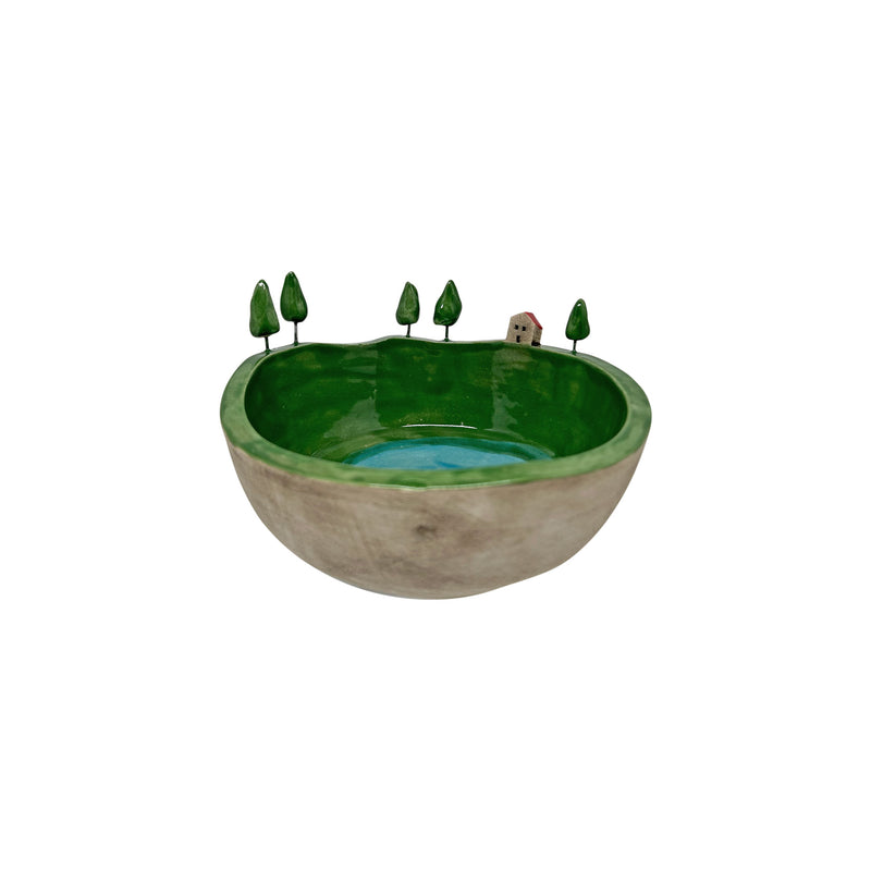Disi bej ici yesil ve turkuaz kenari suslu seramik kase_Beige outside green and turquoise inside ceramic bowl
