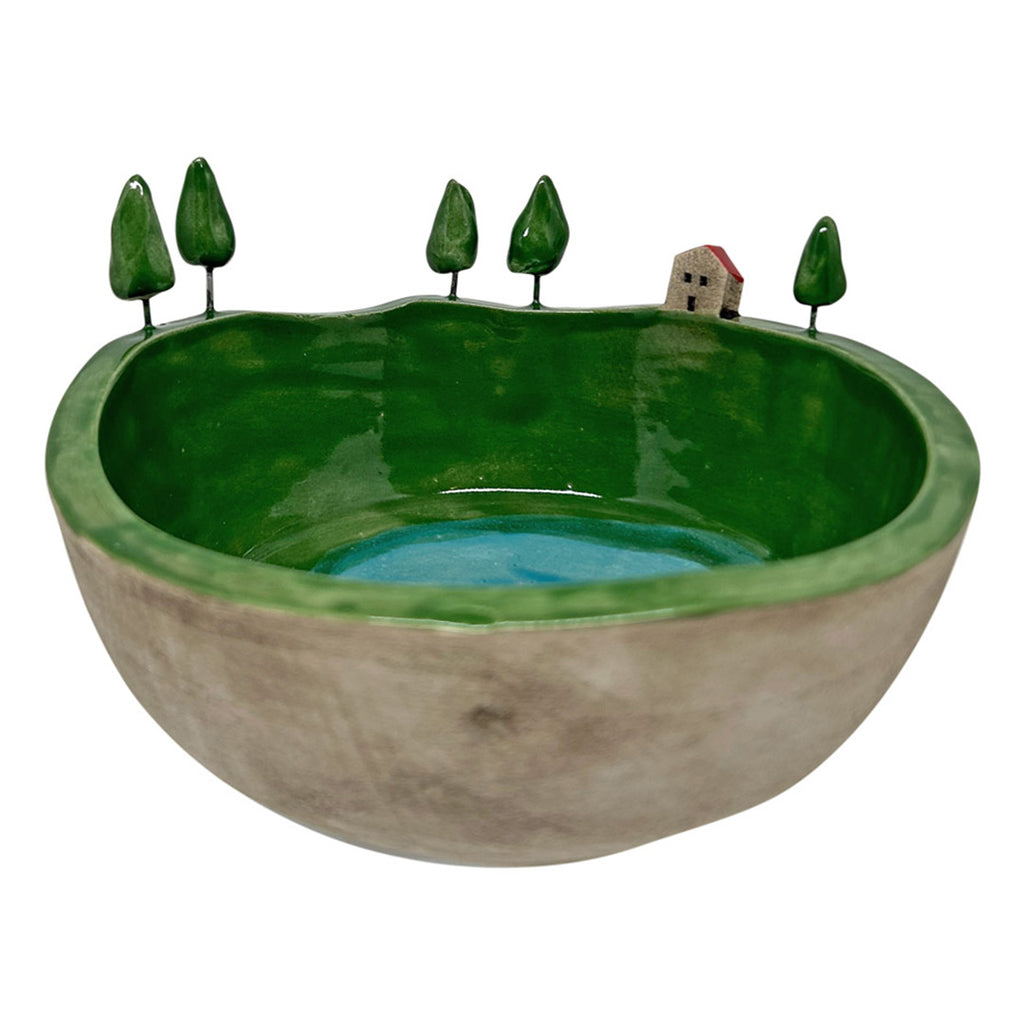 Disi bej ici yesil ve turkuaz kenari suslu seramik kase_Beige outside green and turquoise inside ceramic bowl